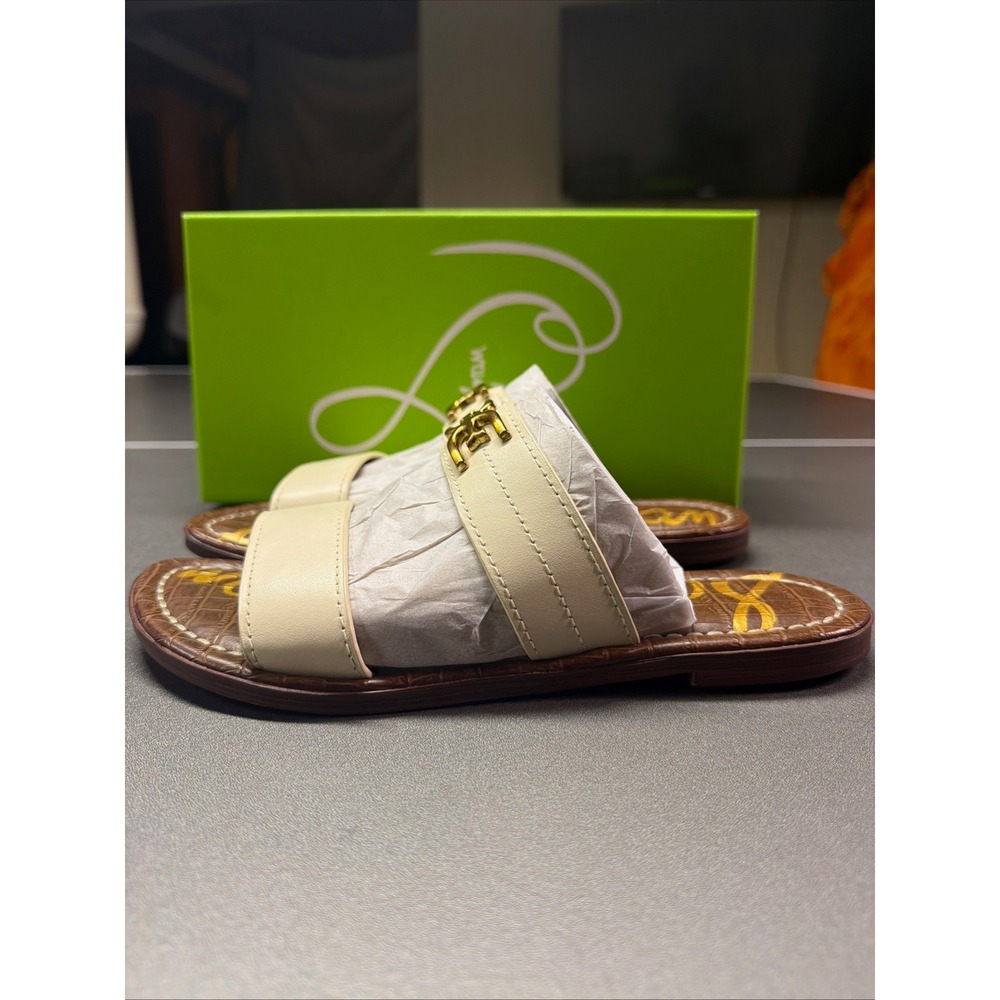 Sam Edelman Adaley Ivory Leather Double Strap Slide Sandals Gold Hardware NIB - Picture 4 of 6